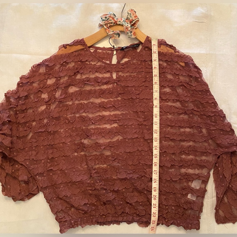 Zara ruffled sheer, pink/mauve long sleeve blouse boho-size L, NWT Easter color - Picture 4 of 10